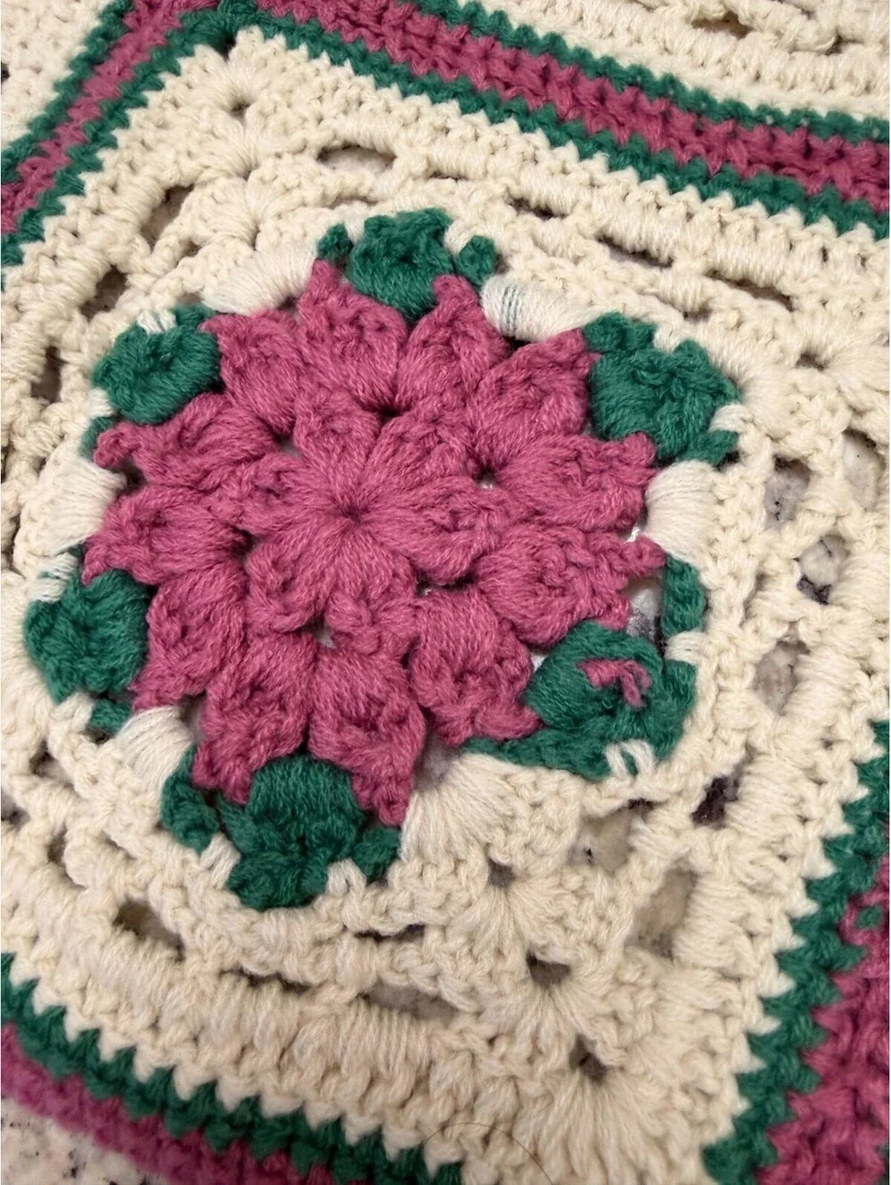 VTG Handmade 3D Flower Crochet Baby Throw Blanket Afghan 48”x47” Purple Cream